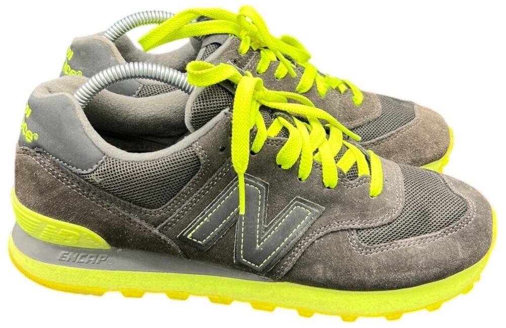 💚 New Balance 574 Gray & Neon Yellow Sneakers Men’s 8 – Retro Streetwear Vibes